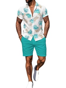 Men's Solid Casual Sport Cuban Collar Shirt Shorts Set Loose Fit Gym Wear 100% Cotton Satin Quick Dry Summer Fashion Fresh Base - Product Image 2