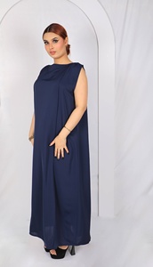 Vestido Largo Maxi sin Mangas Azul Marino para Mujer, Cuello Redondo, Corte Holgado, Color Sólido, Poliéster, Talla Grande, Uso Diario, Abaya - Product Image 3