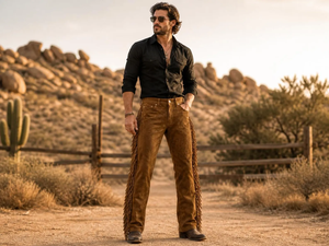 Pantalon en cuir véritable marron pour homme, taille haute, coupe droite, braguette boutonnée, style décontracté, poches latérales, idéal pour l'automne - Product Image 2
