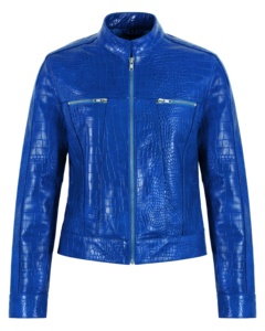 Blue Embossed genuine <b>Leather</b> Moto <b>Jacket</b> Full Sleeve Zipper Closure Stand Collar Autumn Style Regular Fit - Product Image 1