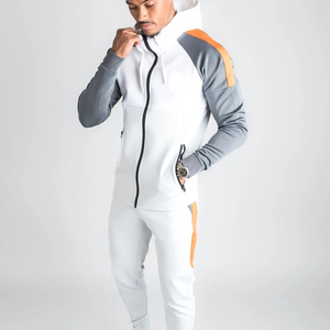 Conjunto Deportivo con Capucha para Hombre en Blanco, Gris y Naranja con Bloques de Color, Sudadera con Cremallera Completa y Bolsillos Laterales - Product Image 1