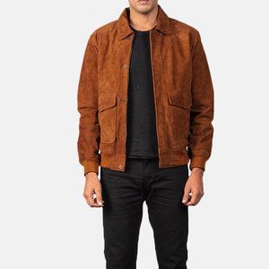 <b>Men's</b> Brown <b>Suede</b> Bomber <b>Jacket</b> Turn-down Collar Button Closure Casual Autumn Wear Regular Fit - Product Image 4