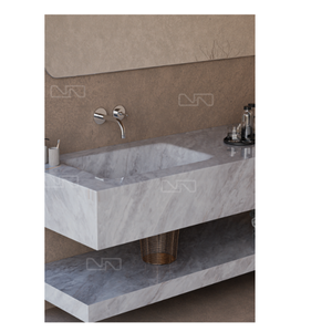 Vasque de salle de bain rectangulaire en marbre à poser sur comptoir, avec meuble en bois, design moderne, finition plaquée or, facile à nettoyer - Product Image 3