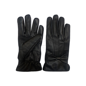 High Quality <b>Womens</b> Black <b>Leather</b> Wrist-Length Outdoor <b>Gloves</b> Bow Cuff Satin Lined Touchscreen Plain Warm Winter - Product Image 3