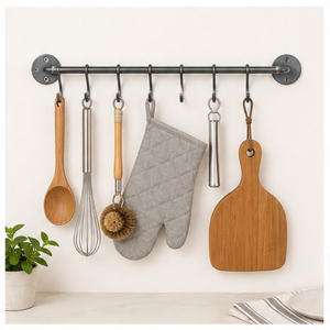 Fabulous Design Matte Black Pipe Pot Rack Rustic Iron Wall Mounted Kitchen Rail with S <b>Hooks</b> for Hanging Utensils Pans and Lids - Product Image 2