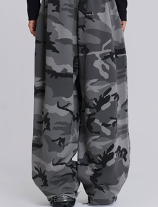 Men's Gray Camouflage Wide Leg Pants <b>Elastic</b> Waist Casual Breathable Midweight Polyester <b>Trousers</b> Autumn Style - Product Image 2
