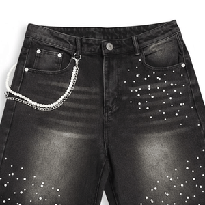 Men's Summer Casual Denim Shorts Solid Color Washed Rhinestone <b>Embellishment</b> Custom Logo Loose Fit Elastic Waist Latest Design - Product Image 3