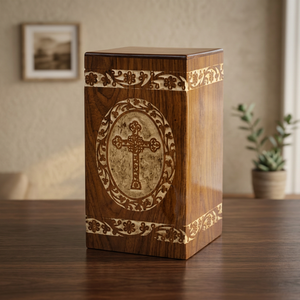Engraved Cross Acacia Wood Cremation Urn <b>for</b> Human <b>Ashes</b> | American Style Funeral Memorial <b>Casket</b> Box Ready to Ship - Product Image 2