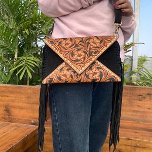 Wholesale Hand Tooled Suede Leather Crossbody Fringe Envelope Bags Western Genuine Leather Floral Carved Bohemian Shoulder Purse - Product Image 2