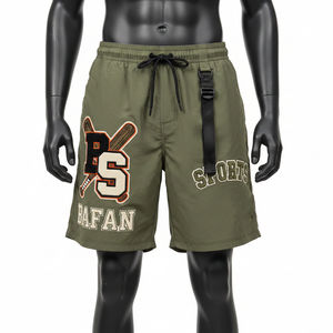 Short de bain pour homme en polyester Taslon vert olive de qualité supérieure 150 GSM à séchage rapide avec logo brodé en chenille personnalisé - Product Image 6