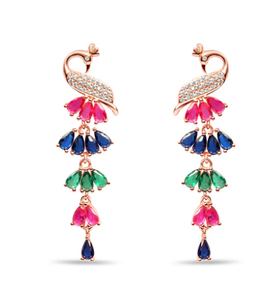 925 Sterling <b>Silver</b> Peacock <b>Dangle</b> <b>Earrings</b> with CZ & Rose Gold Plating Women's Jewelry Handmade Bulk Product Wedding Party - Product Image 1