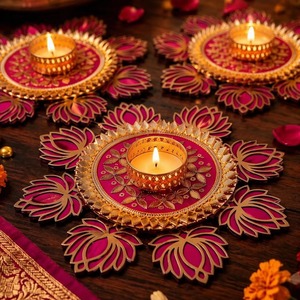 Support de bougie chauffe-plat en métal fait main, motif lotus découpé, écologique, décoration indienne Diwali pour la maison, tapis Rangoli brodé Gota Patti - Product Image 1
