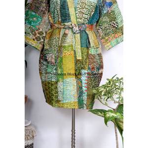 ชุดกิโมโนผ้าไหมคอตตอนปักลายคันธาสวยงาม ผ้าสองชั้น ทำมือสำหรับผู้หญิง พร้อมกระเป๋าและเข็มขัด - Product Image 3