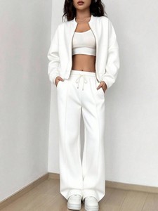 Custom <b>Zip</b>-<b>Up</b> <b>Jacket</b> White Sweatshirt Set Casual Knitted Full Sleeve Hoodies Solid Color Breathable Stand Collar Street Wear DTG - Product Image 3