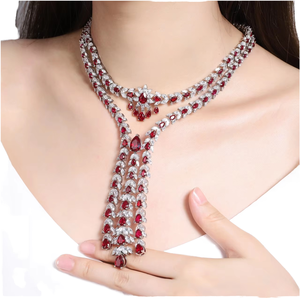 Collar de Lujo con Forma de Flor Chapado en Oro con Rubíes, Joyería de Moda con Piedras Delicadas para Mujer, Ideal para Bodas, Venta al Por Mayor - Product Image 1