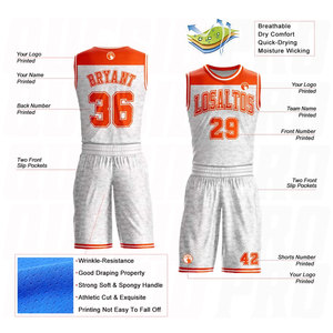 Maillot de basket personnalisé blanc et orange à col rond, sans logo, sans manches, sublimation, anti-humidité, séchage rapide - Product Image 3