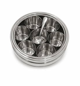 Dheer International Modern Stainless Steel Food Grade 202 <b>Small</b> Masala Dibba Indian Spice Box 9 Container Spoons Clear Glass <b>Lid</b> - Product Image 2