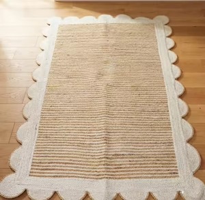 Alfombra de Yute Rústica con Borde Festoneado, Tejida a Mano, Natural, Ecológica, Estilo Boho, para Entrada, Dormitorio, Sala de Estar, Decoración de Piso - Product Image 1