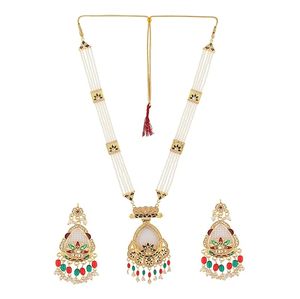 Indian Gold Plated Zinc Alloy Long Necklace Earring Set Traditional Ethnic Women's Wedding Jewelry Zircon Flower Design Channel - Product Image 6