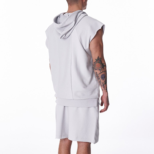 New Arrival Men Summer Hooded Sleeveless Sweatshirt <b>Set</b> 100% Cotton Solid Color Casual Wear Custom Logo Front Print for sale - Product Image 2