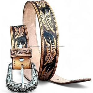 Custom Wholesale Leaf Design Embossed Men's Fashion Western Leather <b>Tooling</b> <b>Belt</b> with Floral Engraved Brass Buckle - Product Image 4