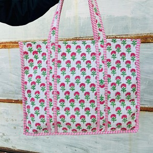Bolsa de Mano de Algodón Bordada con Flores Rosas, Asas a Rayas, Estilo Bohemio, Abierta por Arriba, para Compras - Product Image 4