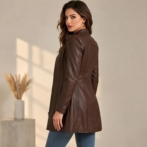 Veste en cuir d'agneau véritable pour femme, long manteau marron style motard, coupe ajustée avec fermeture éclair - Product Image 3