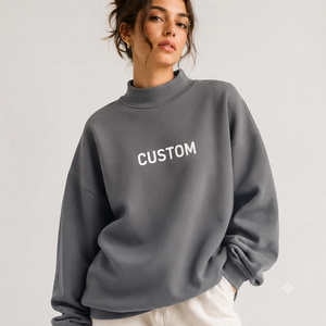 Sweat-shirt oversize à col montant pour femme, imprimé lettres personnalisées, gris, en coton tricoté respirant, manches longues, haut tendance hiver - Product Image 1