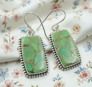 Pendientes Colgantes de Turquesa Verde Cobre, Plata 925, Chapados en Oro Rosa y Oro Amarillo, Joyería Rectangular Boho Hecha a Mano para Mujer - Product Image 3