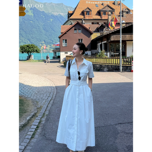 V9093 Vestido Camisero Blanco Sólido de Manga Corta para Mujer, Marca Privada, con Cinturón, Proveedor - Product Image 1