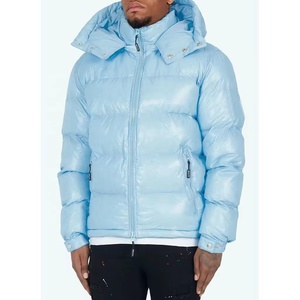 Veste bouffante homme brillante logo personnalisé hiver bleu bébé avec capuche réglable veste bouffante décontractée hommes et femmes vente en gros - Product Image 2