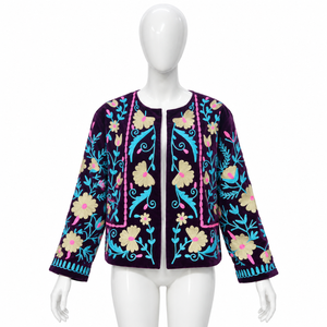 <b>Womens</b> Dark <b>Purple</b> Velvet Floral Embroidered <b>Jacket</b> | Bohemian Statement Outerwear with Full Sleeves Round Neck and Colorful Bot - Product Image 1