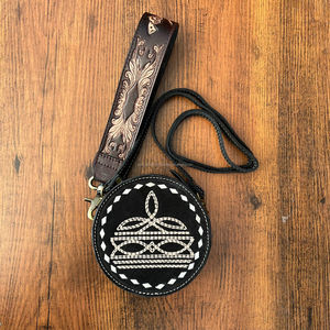 ODM OEM Custom Boot Stitch Suede <b>Leather</b> Crossbody Coin Purse Hand <b>Tooled</b> Wristlet Zipper Pouch Multi-Function Round Women Purse - Product Image 3