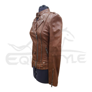 <b>Leather</b> <b>Jackets</b> Wholesale <b>Brown</b> Genuine <b>Leather</b> Fitted <b>Womens</b> <b>Jacket</b> Mandarin Collar Multi Pockets Custom Biker Winter Windproof - Product Image 3