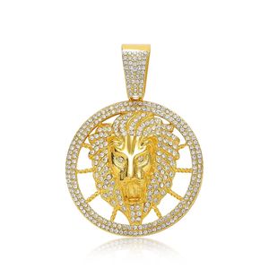 Collier pendentif tête de lion couleur or avec incrustation de cristal, médaillon circulaire et breloque en strass pour le streetwear - Product Image 1