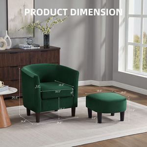 Fauteuil barillet moderne en velours vert avec ottoman, chaise d'appoint contemporaine pour salon - Product Image 3