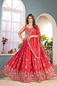 <b>Red</b> Silk Lehenga Choli With Embroidery For Wedding Women Traditional Indian Ethnic Wear Floor Length Regular Fit - Product Image 1