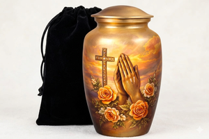 โกศบรรจุอัฐิสำหรับผู้ใหญ่แบบปรับแต่งได้ เป็นมิตรกับสิ่งแวดล้อม สำหรับคริสเตียน พร้อมลายกางเขนและมือกำลังอธิษฐาน - Product Image 2