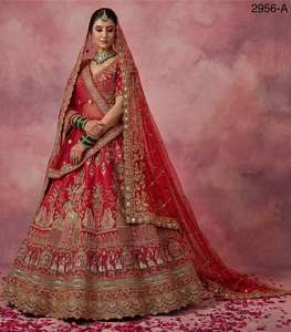 Lehenga Choli Rojo con Bordado Intenso y Dupatta de Tela de Red, Traje de Boda Indio de Lujo para Mujer - Product Image 2