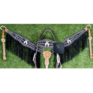 Western <b>Black</b> Leather Horse Headstall & Breast Collar Set <b>Black</b> Fringe Crystal Studs with Revolver Design Conchos - Product Image 2