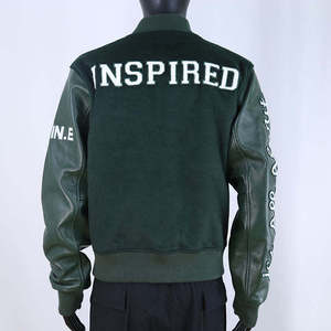 Custom Embroidery <b>Men's</b> Varsity <b>Jacket</b> PU Leather Sleeve Wool Letterman <b>Jacket</b> Vintage Streetwear Green <b>Baseball</b> Bomber Coat - Product Image 4