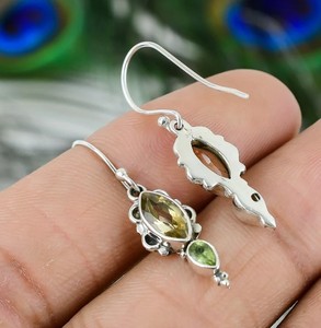 Handmade Two Stone Gemstone Dangle Drop <b>Earrings</b> 925 Sterling Silver Luxury Vintage Boho Hindu Jewelry Women - Product Image 1