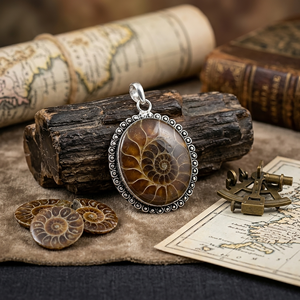 Colgante de piedra preciosa con bisel plateado ovalado de fósil de amonita natural, joyería vintage hecha a mano para la elaboración de collares - Product Image 3