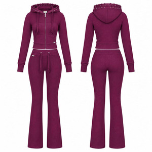 Ensemble sweat à capuche court zippé côtelé prune pour femme avec logo personnalisé et pantalon évasé, ensemble 2 pièces Y2K avec capuche à lacets - Product Image 1