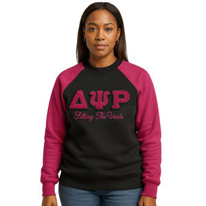 Sweat-shirt à col rond et manches raglan Delta Psi Rho Sorority, noir, coton, rembourrage en poly, pull décontracté Greek Life - Product Image 1