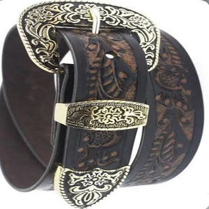 Cinturón de herramientas de cuero occidental de diseñador en relieve floral tallado a mano de lujo para unisex con hebilla y lazo antiguo elegante de 3 piezas - Product Image 5