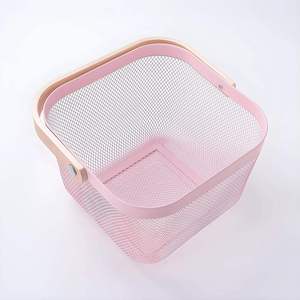 Elegant Pink Metal <b>Mesh</b> <b>Storage</b> <b>Basket</b> with Wooden Handle - Product Image 3