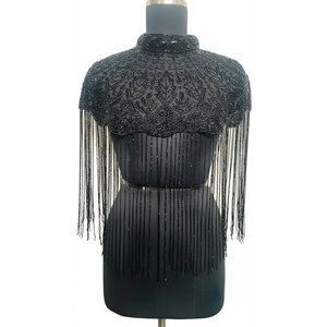 Luxury <b>Black</b> Beaded Fringe <b>Shawl</b> High Neck Shoulder Cape for Women Evening Party Banquet Formal Wear Fashion Accessory Style - Product Image 1
