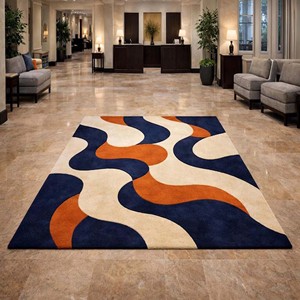 Tapis design moderne bleu tufté à la main, forme irrégulière, unique et contemporain pour la décoration du salon et de la chambre - Product Image 3