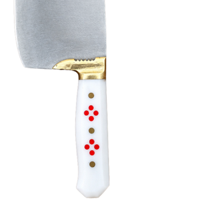 Couteau à viande robuste PW-DR, lame courbée argentée, manche blanc, rivets décoratifs rouges, bolster doré, couteau de boucher pour la cuisine - Product Image 5